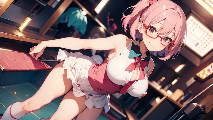 solo,whole body,Standing position right,Light pink hair,Bob Hair,Red Glasses,Bunny girl,Bingo Games,smile,Big Breasts,cute,High leg