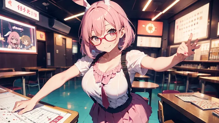 solo,whole body,Standing position right,Light pink hair,Bob Hair,Red Glasses,Bunny girl,Bingo Games,smile,Big Breasts,cute,High leg