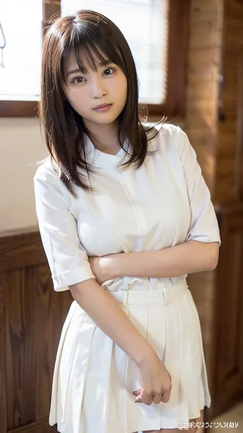 Photo-realistic quality、A woman in a white blouse is holding a golf club, Japanese girls uniform, Cute school girl, Realistic young gravure idol, Young and cute gravure idol, High school girl posing, Surreal , Young and skinny gravure idol,Girl wearing sho...