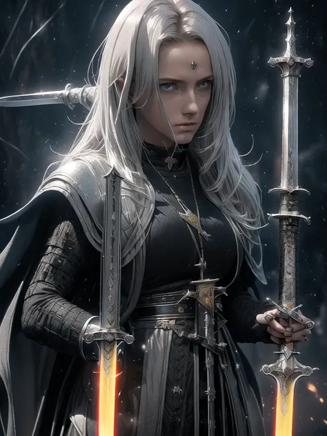 (late afternoon,dense atmosphere,cold,sensual,medieval,hurricane,Lightning,eyeing,eye),(8k highly detailed),female, white hooded cloak, long white hair,Full body silver armor,tired,masterpiece,mature,slim,tall,(((((holding a sacred sword))))),dark fantasy,...