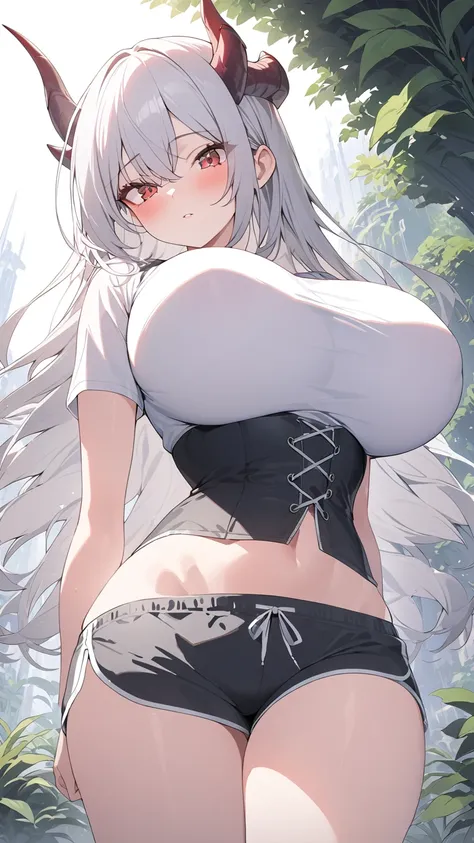 masterpiece, Highest quality, expensive_solve, In detail, Very detailed and beautiful, clear_image, 1 Girl, alone, From below, Silver Hair, Red eyes, Dragon Horn, (Huge breasts), (Underbust), Outdoor, plant, plant園, Dolphin Shorts, Put your arms behind you...