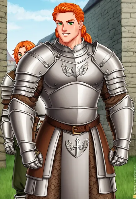 a ginger haired and green eyed, tall, muscular boy from the medieval times, in peasant like clothes or knight armour