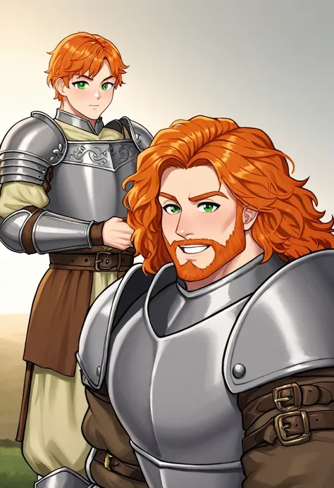 A ginger haired and green eyed, tall, muscular boy from the medieval times, in peasant like clothes or knight armour