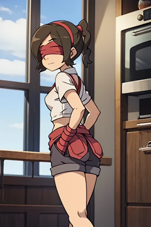 girl in booty shorts, wearing oven mittens tucked in pockets, blindfold