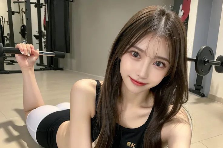 ((Best Quality, 8K, Masterpiece: 1.3)), 1girl, Slim Abs Beauty: 1.3, (long Hairstyle Casual, small Breasts: 1.2), training wear, Super Fine Face, Delicate Eyes, Double Eyelids, Smile, at gym