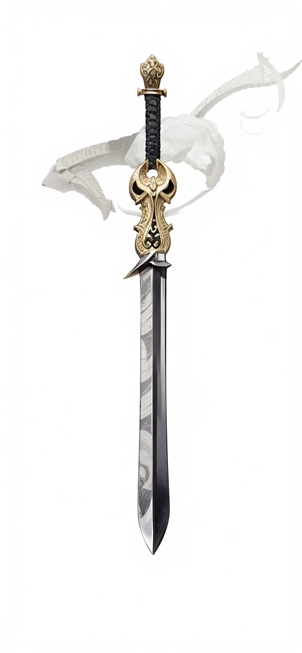 Sword, on its scabbard has a sheeps skull, sword wrapped by a black snake. 