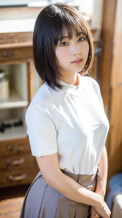 a woman in a white blouse holding a golf club, japanese  uniform, cute , realistic young gravure idol, young and cute gravure idol, high school girl posing, surreal, young and skinny gravure idol, girl wearing short-sleeved blouse, japanese model, sheer wh...