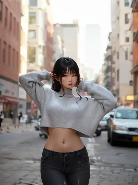 arafed woman in a grey sweater and jeans standing on a street corner, korean girl, asian girl, young asian girl, posing in an urban street, beautiful asian girl, attractive pose, at a city street, chinese girl, in city street, casual pose, attractive girl,...