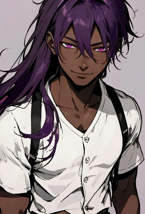 Work of art, best quality, realistic, 1 man, young man, charming, 19 years old, dark skin, half-closed eyes, smirk, extremely detailed face, ((red iris color)), ((Purple hair mullet style)), strong body, black background, cinematic, wearing white sleeveles...