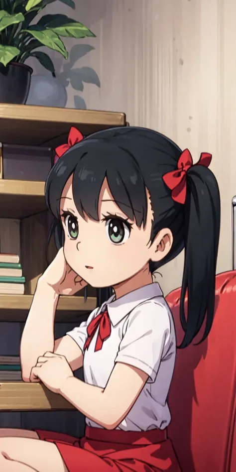 1girl, solo, upper body, red skirt, black hair, twintails, short twintails, backrest on sofa,