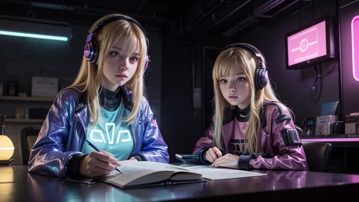 "A young blonde cyberpunk girl is sitting at a study table in a futuristic room with pink neon lights. She wears technological clothes with neon details and has large, modern headphones. Around her are holograms and advanced electronic devices. The environ...