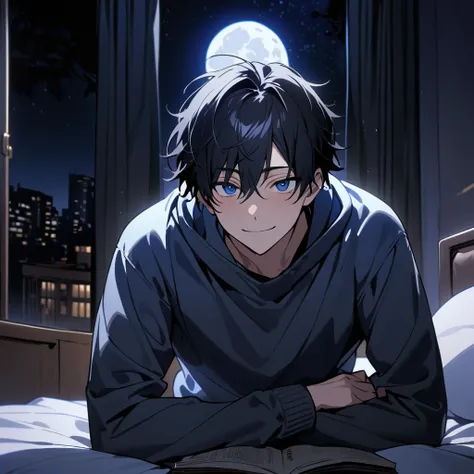 1boy, zoom out, male focus, highschool boy, beautiful boy, messy short black hair, small blue droopy eyes, he has fair skin, he is wearing a pullover, he is smiling, he is looking at viewer, he is sitting on a bed, at night, the moon is shining, he is hold...