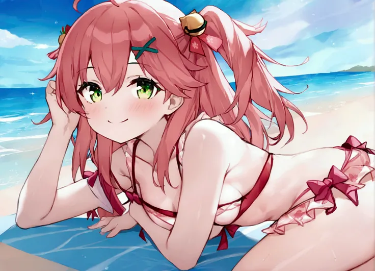 (masterpiece,Highest quality:1.3), (Super detailed:1.3), One girl, Day, Swimwear, View your viewers, Ocean, Miko 1, sakura miko, Green Eyes, alone, Ahoge, X Hair Ornament, Pink Hair,  Hair Clip, Hair Bell,  Long Hair, Hair between the eyes, smile, sunny, L...