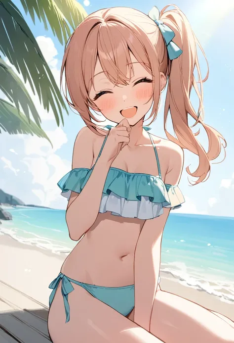 1 Girl, bikini,Side Ponytail, Pause , Happy, beautiful 