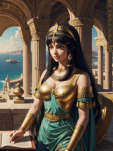 Cleopatra as a young woman in a grand palace overlooking the Mediterranean Sea. The scene includes symbols of education like scrolls and astronomical instruments, highlighting her intelligence and leadership.