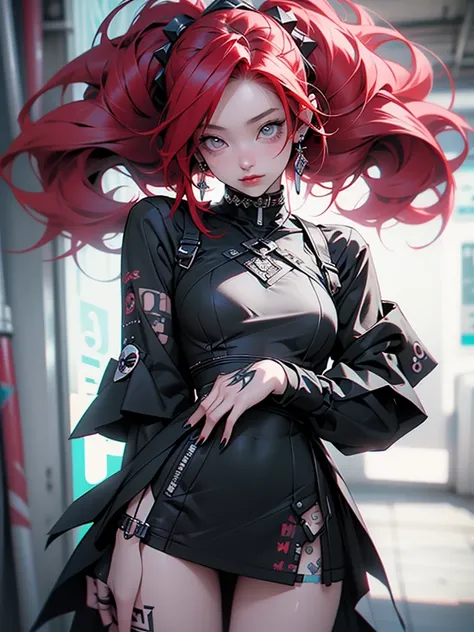 hair match, piercing, tattoo, godo_punk, single girl, solo, best quality, photographer, super high quality illustration, attractive anime girl, (black mini dress: 1.4), gothic lolita, hatsune miku, thin hair, high hair, (red hair: 1.4), girl, girl photo, t...