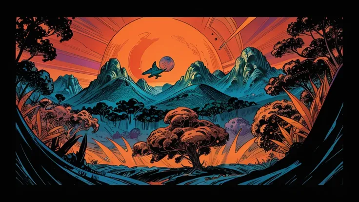 An artists rendering of an exoplanet, strange plants, strange animals, flying creatures in the style of 1950s-70s comic book art. Use bold outlines, halftone patterns. Employ intense, saturated colors reminiscent of vintage four-color printing. Maintain a ...