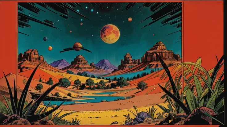 An artists rendering of an exoplanet, strange plants, strange animals, flying creatures in the style of 1950s-70s comic book art. Use bold outlines, halftone patterns. Employ intense, saturated colors reminiscent of vintage four-color printing. Maintain a ...