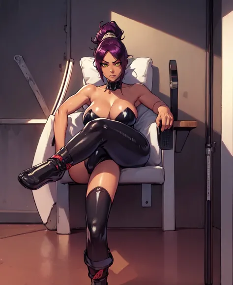 1girl, sofa, sitting, legs crossed, bodysuit, black bodysuit, bare arms, bare shoulders, (large breasts:1.2), yoruichi shihouin, dark skin, dark-skinned female, ponytail, purple hair, yellow eyes, (black leotard:1.4), thighhighs, full body, ((Leg Crossing ...