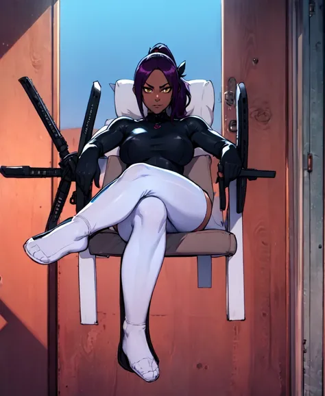 1girl, sofa, sitting, legs crossed, bodysuit, black bodysuit, bare arms, bare shoulders, (large breasts:1.2), yoruichi shihouin, dark skin, dark-skinned female, ponytail, purple hair, yellow eyes, (black leotard:1.4), thighhighs, full body, ((Leg Crossing ...