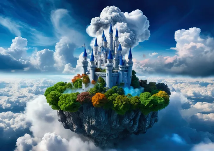 a flying island, a huge white castle is located on it, huge mechanisms spew clouds of blue smoke, panoramic view, clouds of smoke, storm clouds, (masterpiece), (vivid colors:1.3)