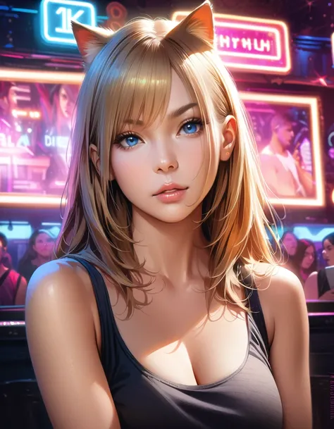 1girl, beautiful detailed eyes, beautiful detailed lips, extremely detailed eyes and face, long eyelashes, soft skin, pale skin, soft blush, blonde straight hair, tank top, bare shoulders, high-waisted shorts, looking at viewer, cat ears, plump lips, beaut...