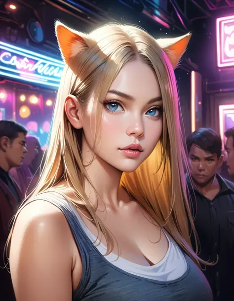 1girl, beautiful detailed eyes, beautiful detailed lips, extremely detailed eyes and face, long eyelashes, soft skin, pale skin, soft blush, blonde straight hair, tank top, bare shoulders, high-waisted shorts, looking at viewer, cat ears, plump lips, beaut...