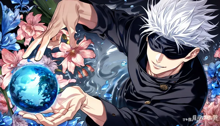 absurdres, highres, ultra detailed, HDR, master piece, Gojou Satoru, white hair, blindfolded eyes, black shirt, Jujutsu Kaisen, man, handsome, best quality, blue moon, flowers, fantasy, magical, solo, water, blue shining fireflies, blue petals, Jujutsu Kai...