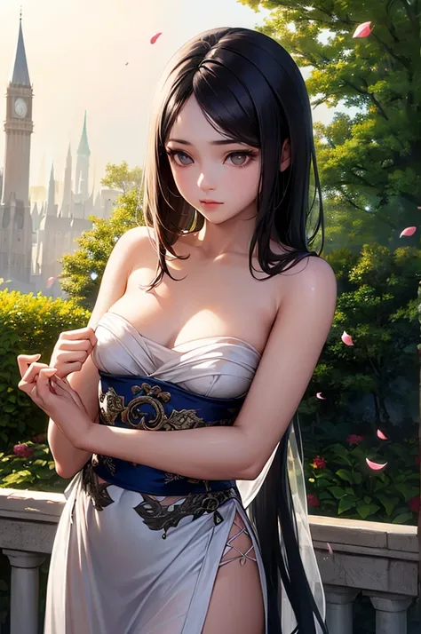 (Girl: 1.5), race, ribbon, Hanfu, (masterpiece, Side light, delicate and beautiful gray eyes: 1.2), masterpiece, Realistic, Glowing Eyes, Shiny Hair, Black Hair, Long Hair, Shiny skin, alone, awkward, Strapless, delicate, beautiful, garden, Flowers, Flutte...