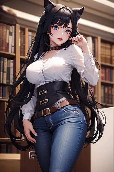 Detailed facial details，16 years old，1 girl，Red lips，Cat ear，Black long hair，Large Breasts，Slim，Wearing a snow-white shirt，jeans，Charming blue eyes，Handcuffs，Collar，Radiant Skin，Inside the library