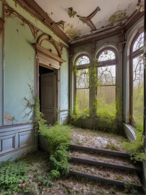 an abandoned victorian mansion overtaken by nature, avec des fous-efeu escaladant ses murs en ruine faits de décombres fous et d...