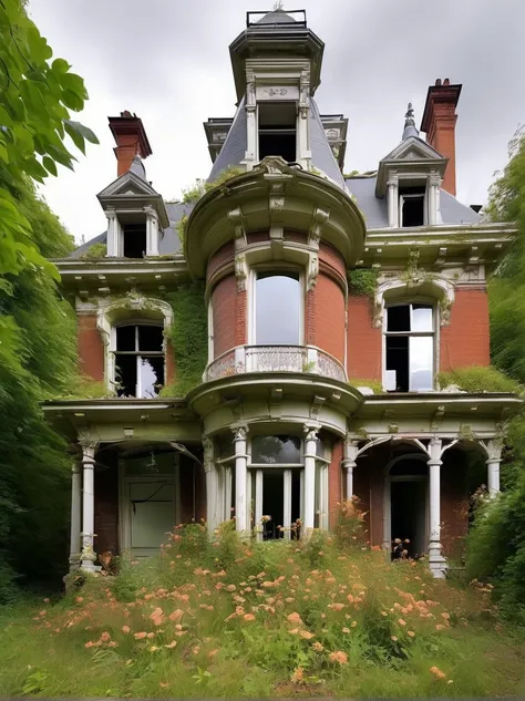 an abandoned victorian mansion overtaken by nature, avec des fous-efeu escaladant ses murs en ruine faits de décombres fous et d...