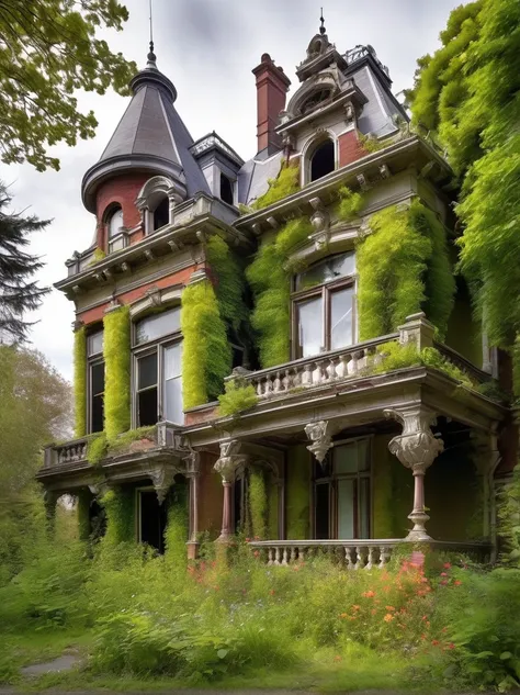 an abandoned victorian mansion overtaken by nature, avec des fous-efeu escaladant ses murs en ruine faits de décombres fous et d...