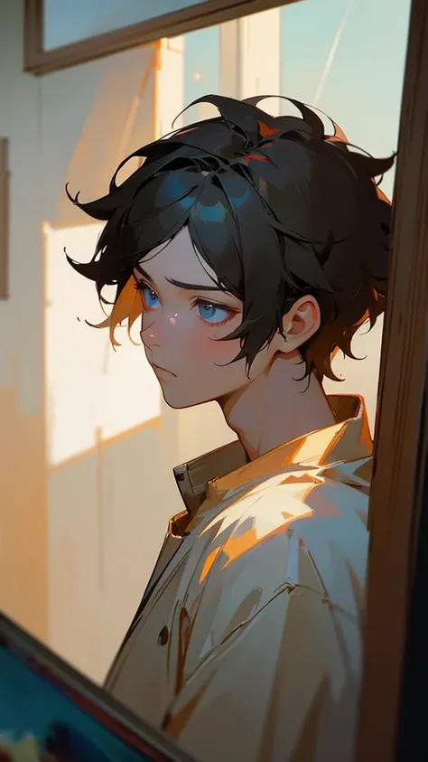 The image shows an anime boy with messy hair holding a brush and a paint palette. He is facing a window, allowing soft light to enter that illuminates the scene. The environment is a painter&#39;s studio, decorated with various canvases and art materials s...