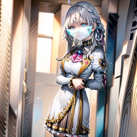 clothes reflecting light, (light diffraction on skin: 1.35), (glossy skin: 1.55), (iridescence effect: 1.55),anime, a woman with white hair and blue eyes smiling seductively is standing in a room, , process art, seductive anime girl, loli in dress, visual ...