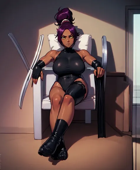 1girl, sofa, sitting, legs crossed, bodysuit, black bodysuit, bare arms, bare shoulders, (large breasts:1.2), yoruichi shihouin, dark skin, dark-skinned female, ponytail, purple hair, yellow eyes, (black leotard:1.4), thighhighs, full body, ((Leg Crossing ...