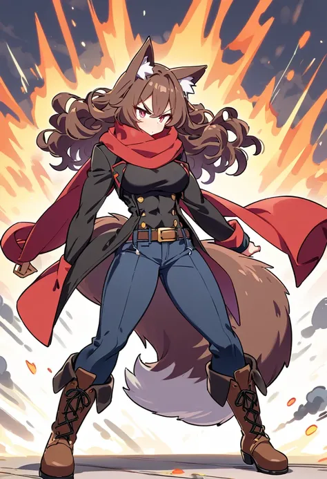 Muscular girl,Aggressive, Wavy Hair,Long coat ,Scarf,Big tail,pants,Animal ears, boots,