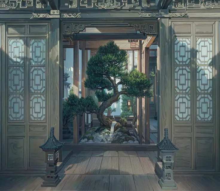 there is a bonsai tree in the middle of the room, cyberpunk japanese temple, cyberpunk chinese ancient castle, beautiful renderi...