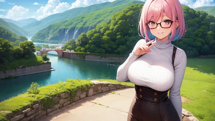 1girl,mountain climbing pattern ,Mountain,dam ,pastel pink hair,brown eye,bob hair,standing, beckoning, full body,red frame eyewear,big breasts,smile