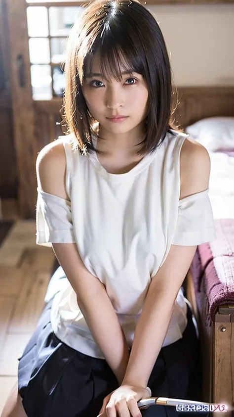 Photo-realistic quality、A woman in a white blouse is holding a golf club, Japanese girls uniform, Cute school girl, Realistic young gravure idol, Young and cute gravure idol, High school girl posing, Surreal , Young and skinny gravure idol,Girl wearing sho...