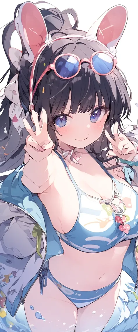 a cartoon girl with big bunny ears wearing swimwear giving the peace sign, 1girl, breasts, blue eyes, solo, animal ears, navel, v, large breasts, eyewear on head, ponytail, grey hair, jacket,Miyu