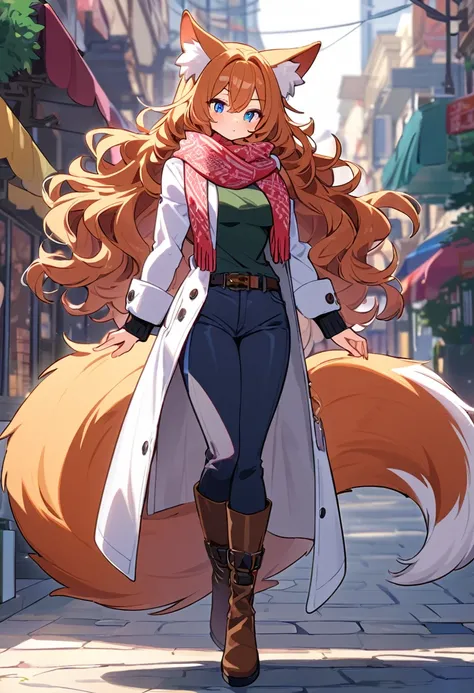 Muscular girl,beautiful,Wavy Hair,Long coat ,Scarf,Big tail,pants,Animal ears, boots,