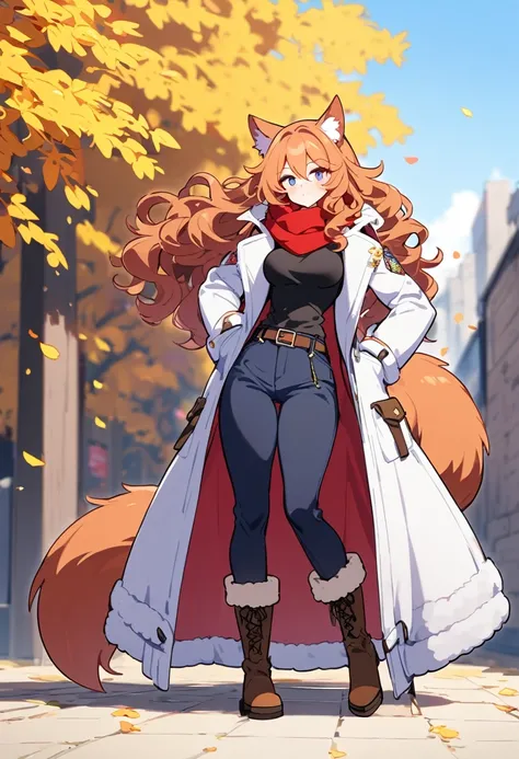 Muscular girl,beautiful,Wavy Hair,Long coat ,Scarf,Big tail,pants,Animal ears, boots,