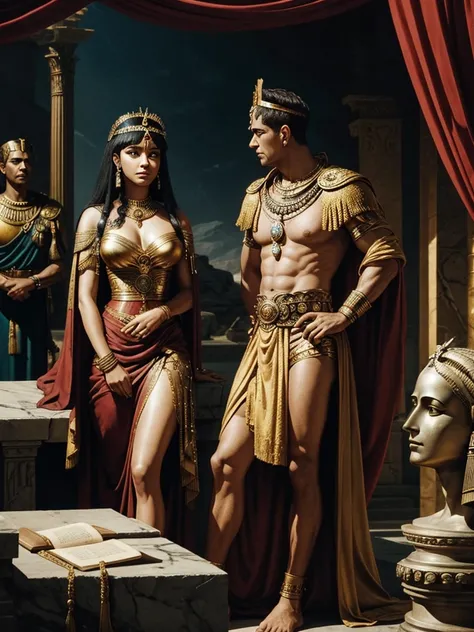 Cleopatra and Marc Antony plotting together, surrounded by symbols of their combined power. Shadowy figures in the background hint at the looming threat from Octavianus.