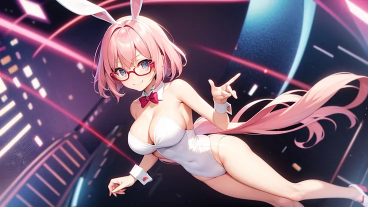 solo,whole body,Standing position right,Light pink hair,Bob Hair,Red Glasses,Bunny girl,casino,smile,Big Breasts,cute,High leg