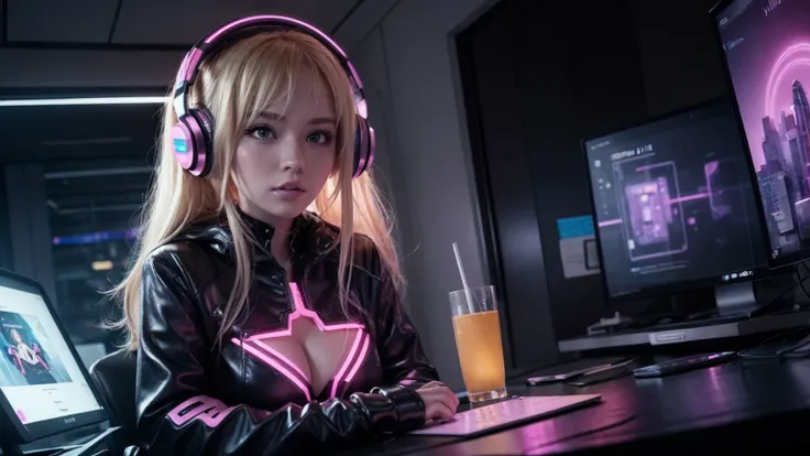 "A blonde cyberpunk woman is sitting at a study table in a futuristic room with neon pink lights. She wears technological clothes with neon details and has large, modern headphones. Around her are holograms and advanced electronic devices. The environment ...