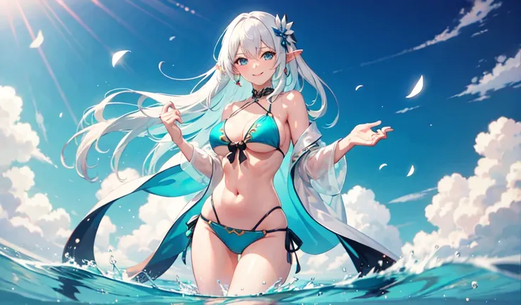 Create a high-quality anime image of a beautiful female elf character standing confidently. She has white hair and a hair ornament.
She is wearing a stylish, revealing bikini with great detail.
The character is standing with her feet shoulder-width apart, ...