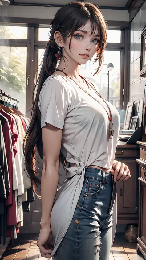 19-year-old female、Brown Hair、Iris、ponytail、Long eyelashes、Hang headphones around your neck、Sexy proportions、Narrow waist、mature female body、T-Shirts、jeans、Carrying the guitar case on your back、Inside a second-hand clothing store、Finding vintage clothing