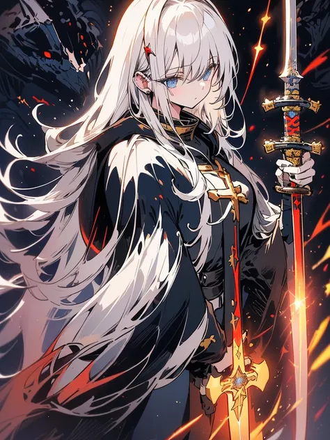 (late afternoon,dense atmosphere,cold,sensual,medieval,hurricane,Lightning,eyeing,eye),(8k highly detailed),female, white hooded cloak, long white hair,Full body silver armor,tired,masterpiece,mature,slim,tall,(((((holding a holy sword))))),dark fantasy,ci...