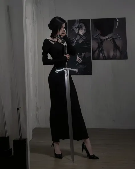 woman in black dress holding a sword in front of her face, style is a blend of æon flux, aeon flux style, 2 b, 2b, style mix of æon flux, posing with a sword, long sword in her hand, she is holding a katana sword, very tall and slender, katanas strapped to...